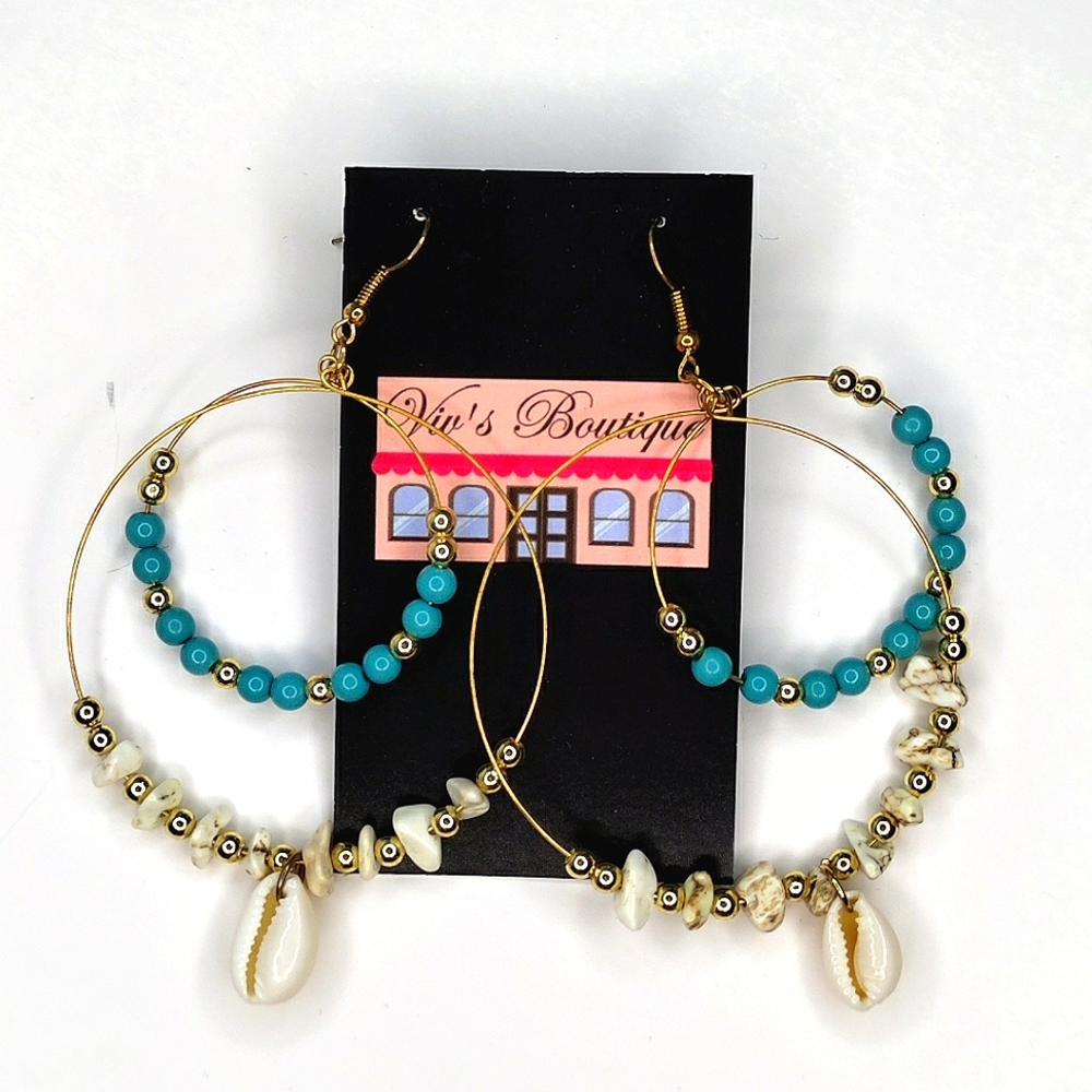 Gold Double Hoop Turquoise Shell Earrings